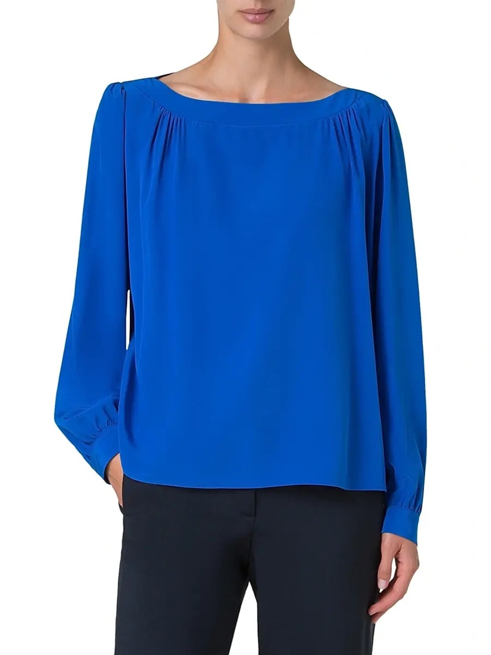 Akris Punto $795 Women's Silk-Crepe Boatneck Blouse - Royal Blue US 10 EUC